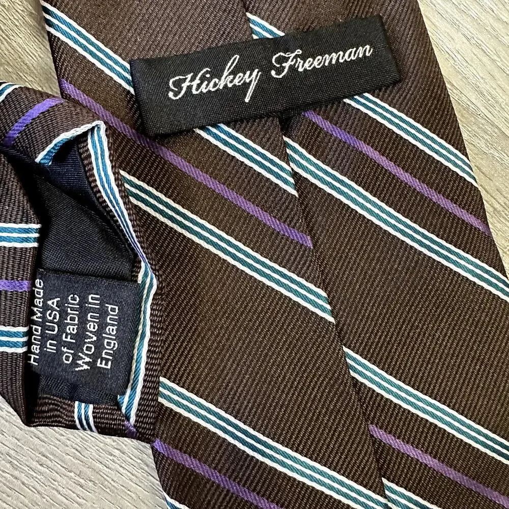 Hickey Freeman Brown Diagonal Stripe Silk Tie Blue White Purple