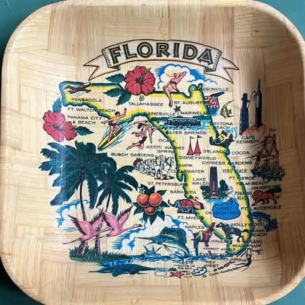 Vintage 1970s Kitsch Florida Souvenir Woven Bamboo Map Bowl - MINT with Labels