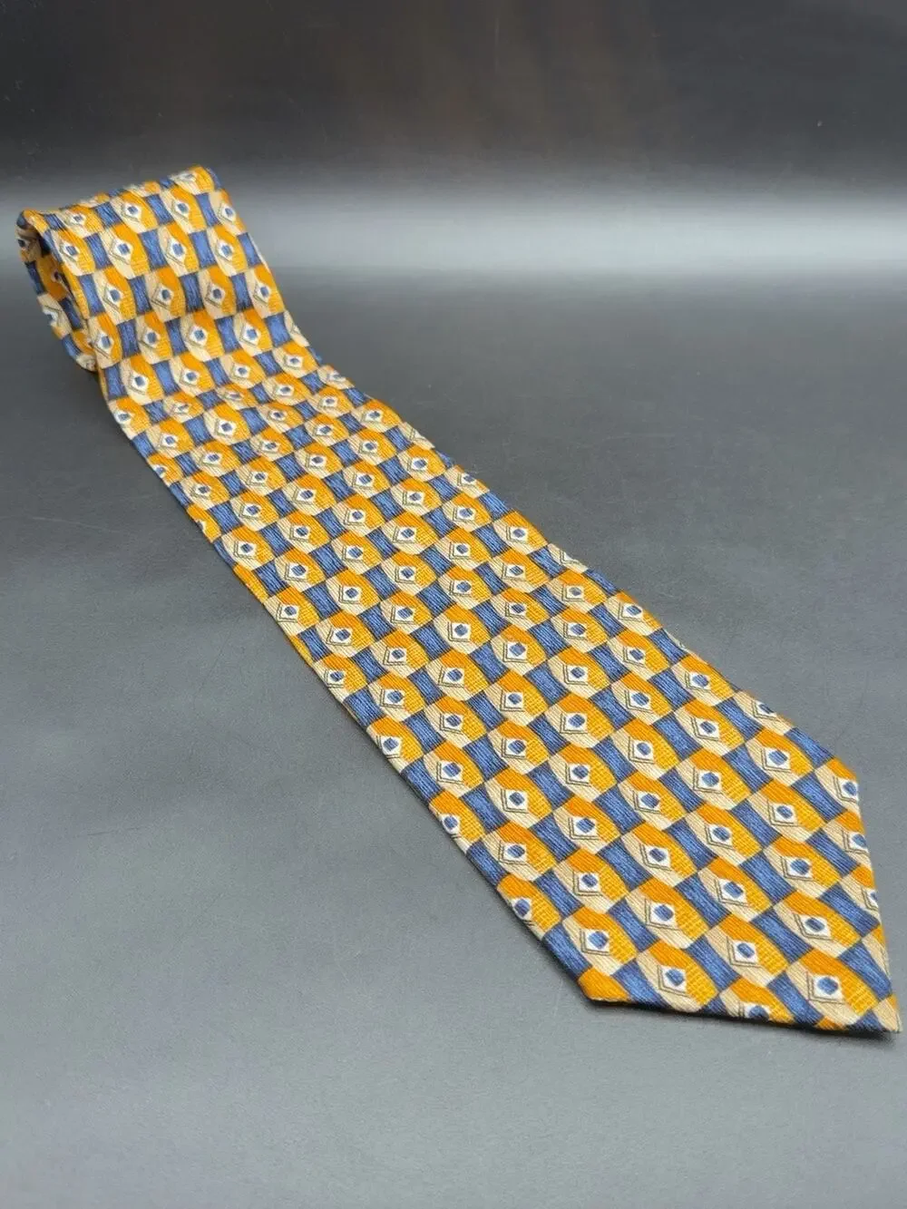 Peterborough Row Bloomingdales Silk Tie Gold Blue Geometric 59in Hand Sewn