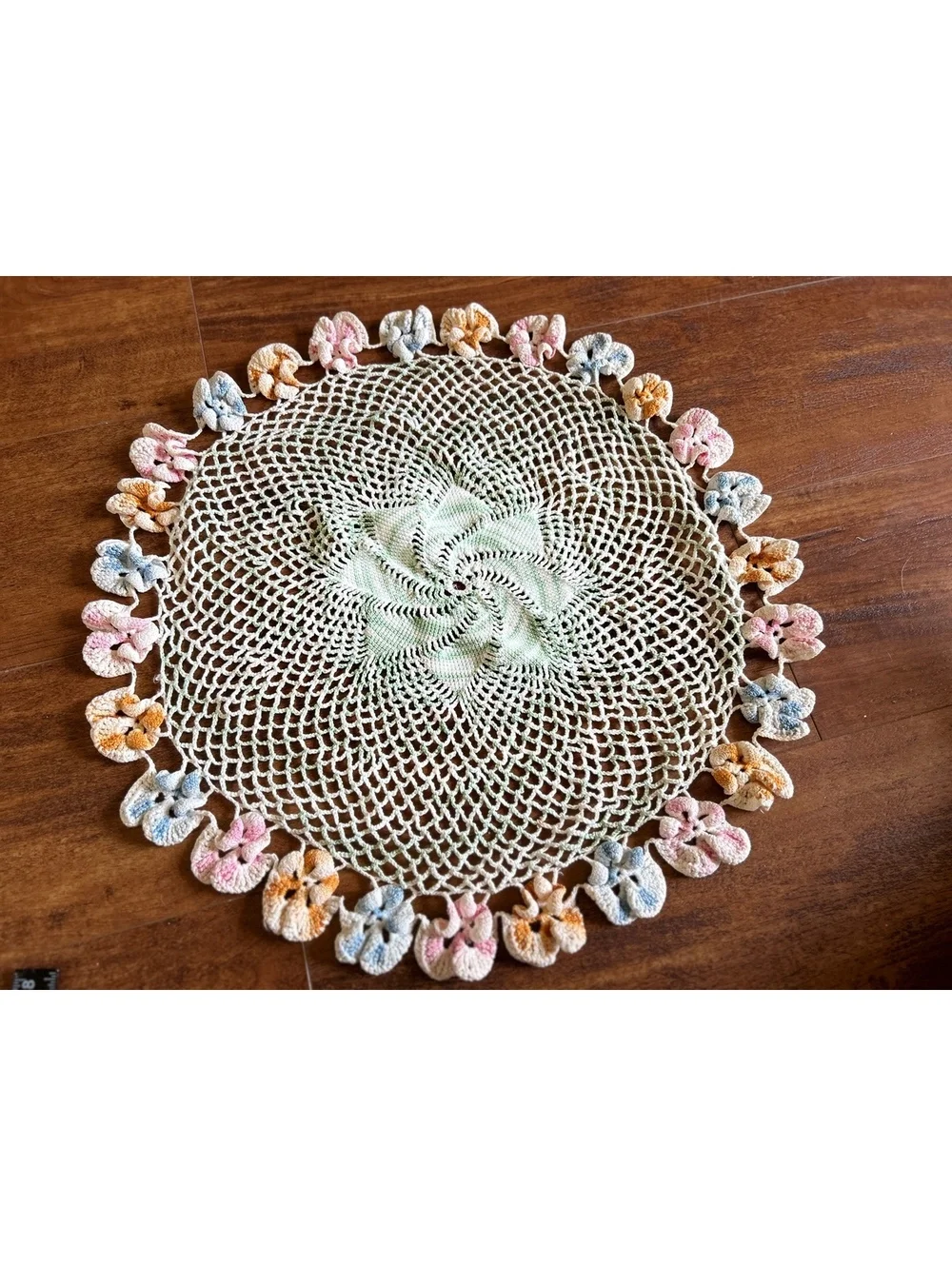 Vintage Handmade Crochet Doily with Colorful Floral Edging