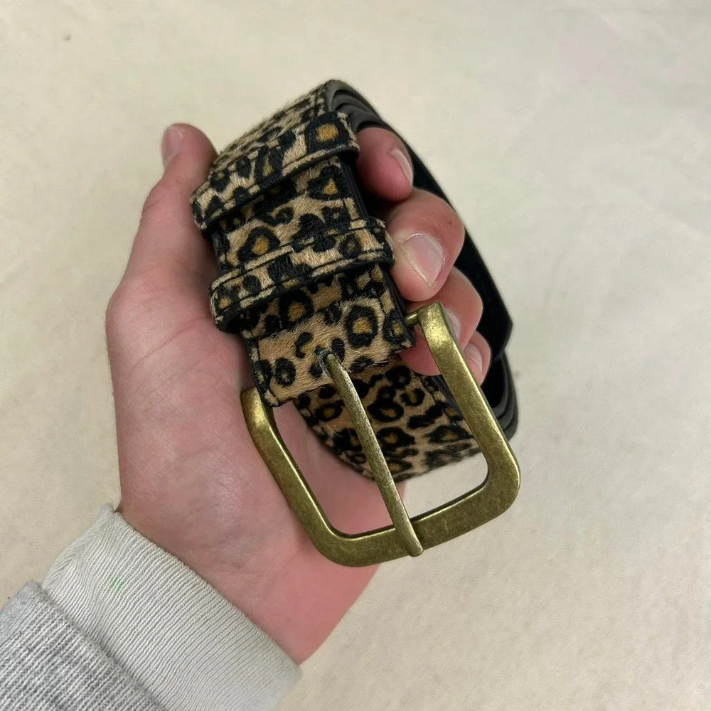 Vintage style cheetah leopard print fur belt american western boho black and tan