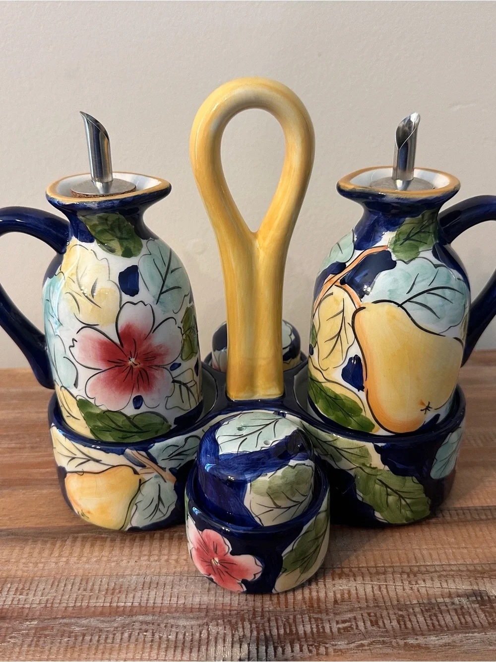 Hand Painted Oil Vinegar Salt Pepper Cruet Set Floral Fruit Caddy