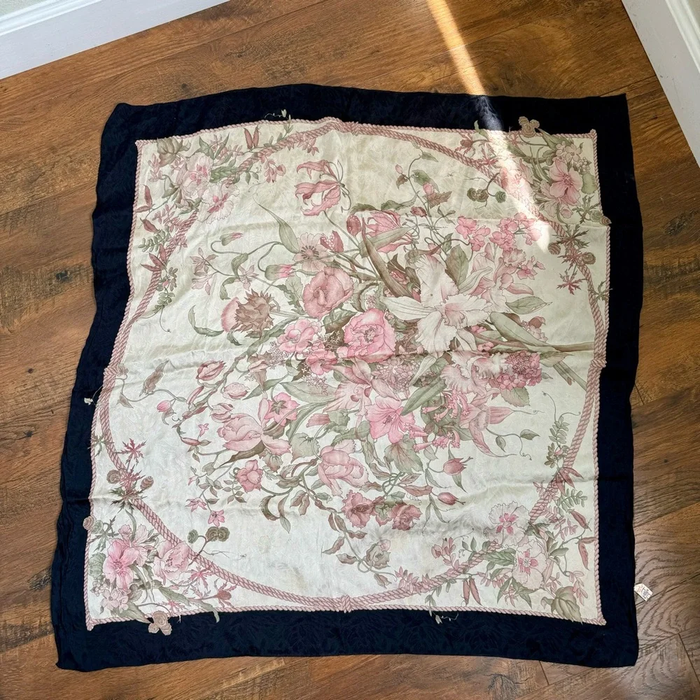 Hiroko for Dozo Cream / Pink Floral  Black Trim Silk Scarf