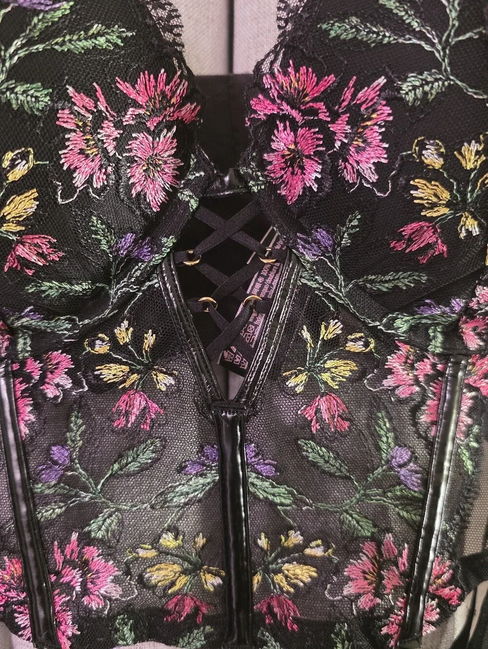 Victoria's Secret Floral Embroidered Black Lace Bustier Set