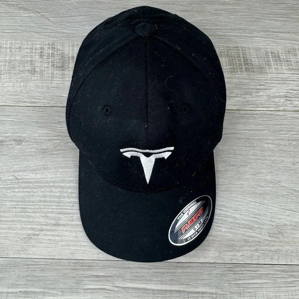 Flexfit Tesla Motors Baseball Cap Mens S-M Black Embroidered Logo Fitted Hat