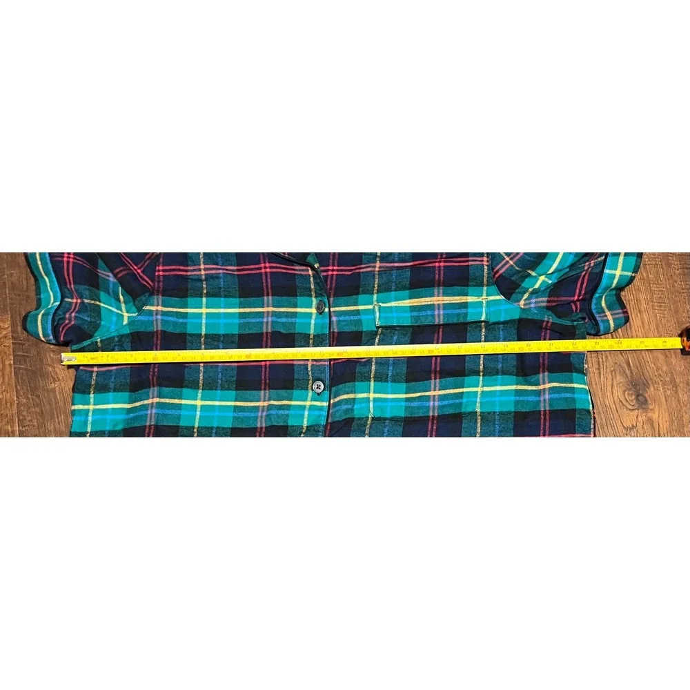 Lands End Womens Plaid Pajama Set Green Blue Cotton Rayon Short Sleeve L Tall