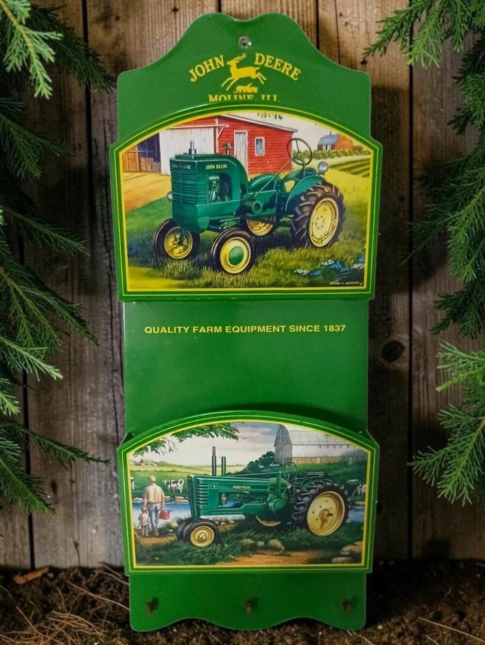 Vtg John Deere Tractor Mail Holder Key Rack Metal 3 Hooks Farmhouse Wall Decor