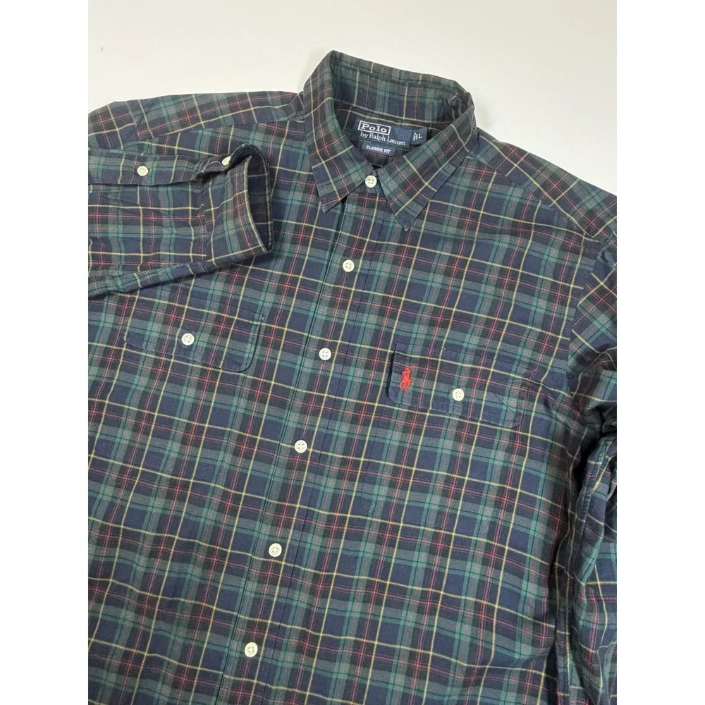 Vintage Ralph Lauren Shirt Men's L Green Blue Check Red Pony Long Sleeve Pockets