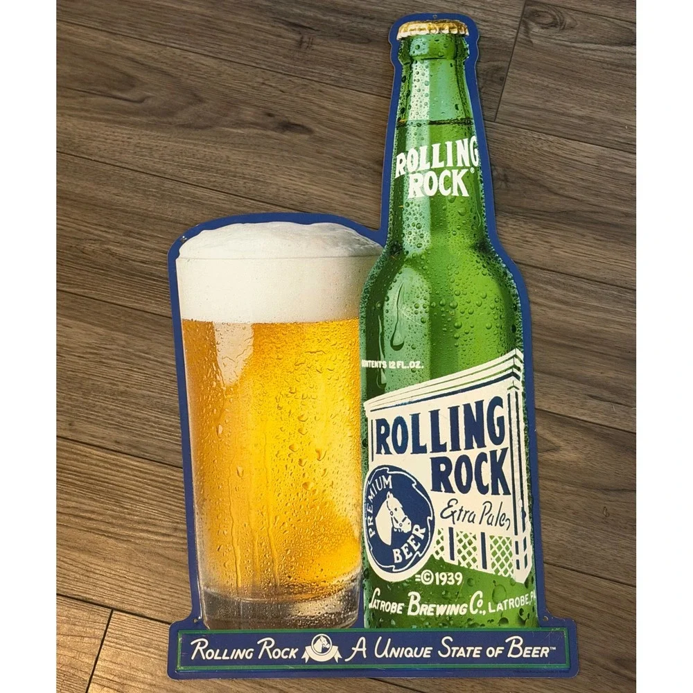 Vintage 1998 Rolling Rock Beer Tin Sign Pennsylvania PA Shaped Tacker 25
