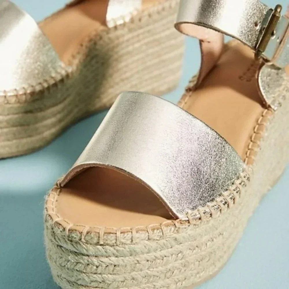 Anthro Soludos Platform Gold Leather Espadrille 10