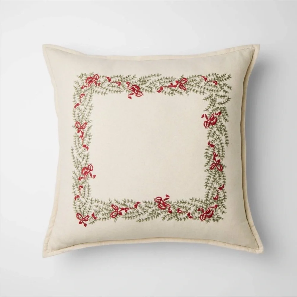 NWT Natural Embroidered Green and Bows Pillow -‎ 24 x 24” STUDIO MCGEE