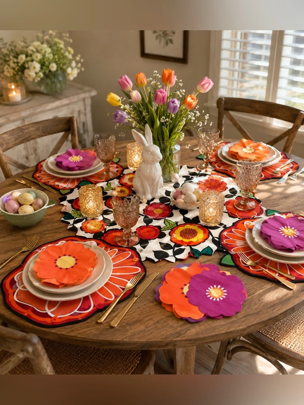 Spring Floral Table Setting - Orange, Pink & Purple Placemats and Centerpiece