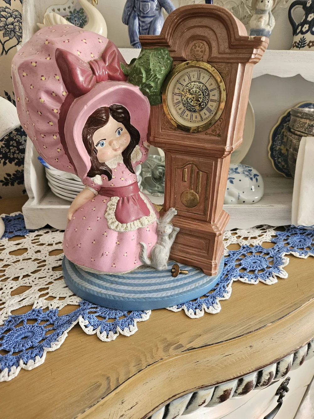 Pink Girl Figurine with Grandfather Clock Decorative Statue