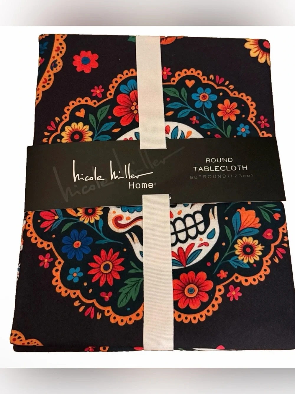 Nicole Miller Black Round 68”Tablecloth with Colorful Floral Sugar Skull Motif