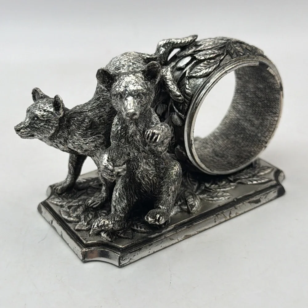 Franklin Mint Animals At Play Napkin Ring Silver Plate Bear Cubs Vintage 1977