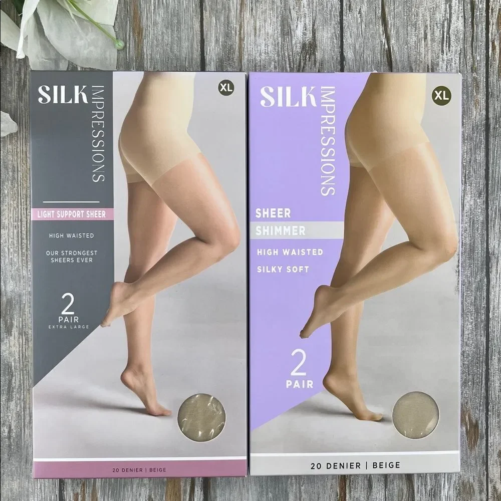 Silk Impressions Shimmer Sheer Pantyhose Stockings 20 Denier Sheer 2, 2-Packs XL