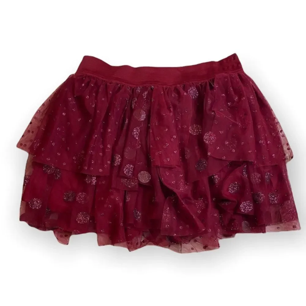Girl’s sparkle ruffle burgundy Justice Skirt size 16 elastic waist