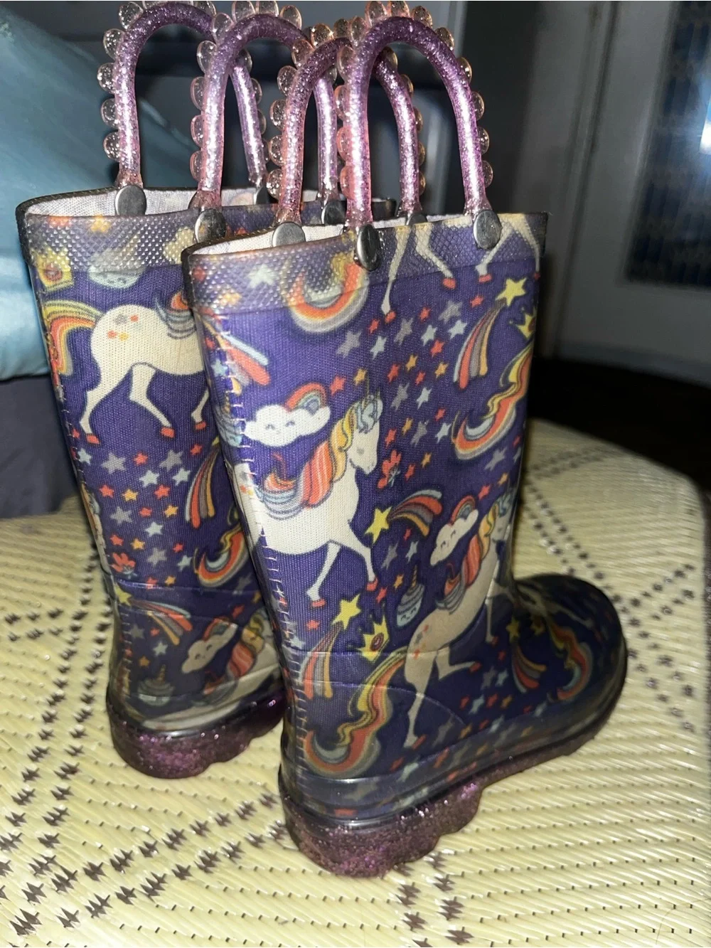 Kids Purple Unicorn Rain Boots with Glitter Handles