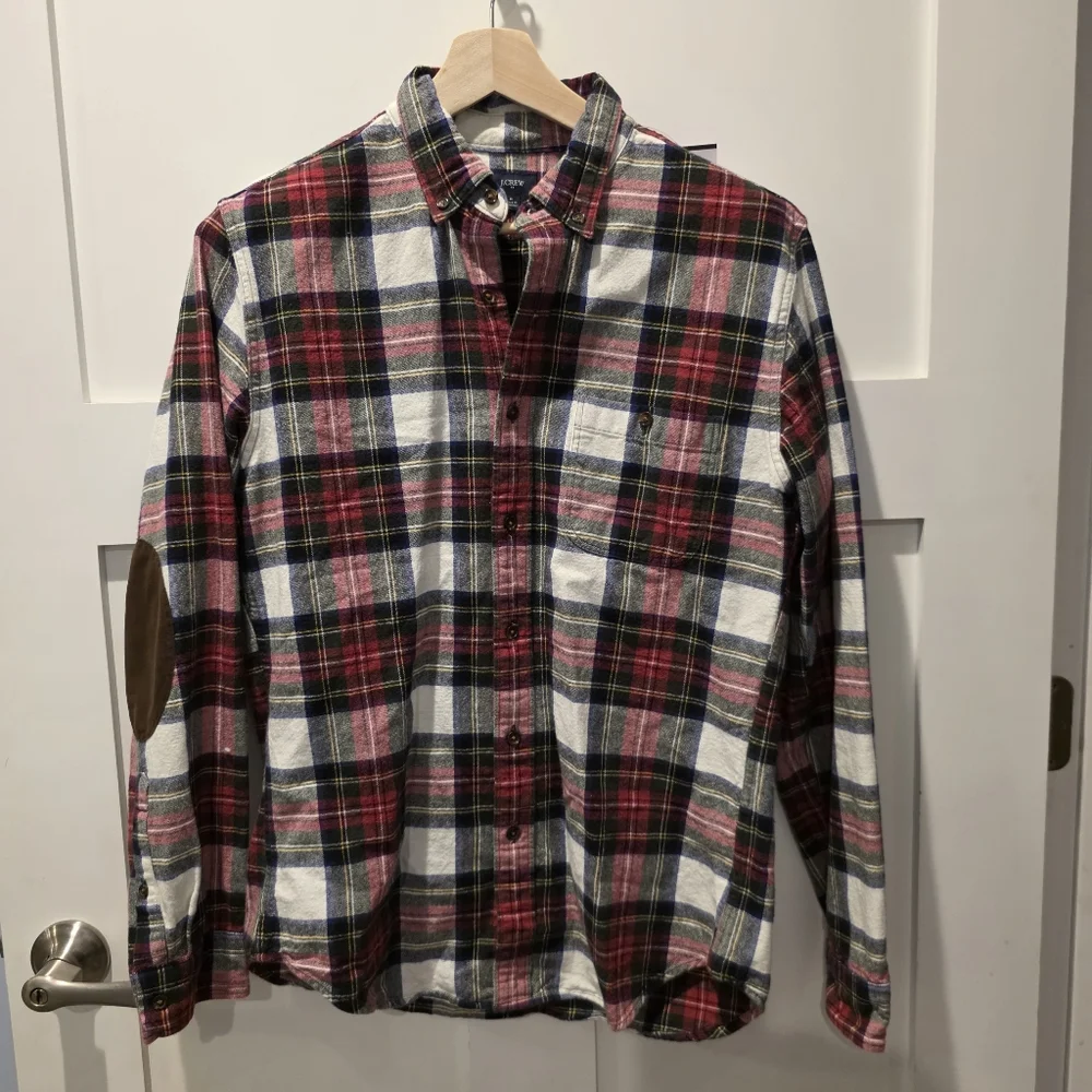 J. Crew Plaid Flannel Shirt Red Green Mens Elbow Patches Rugged Vintage M Gorpco
