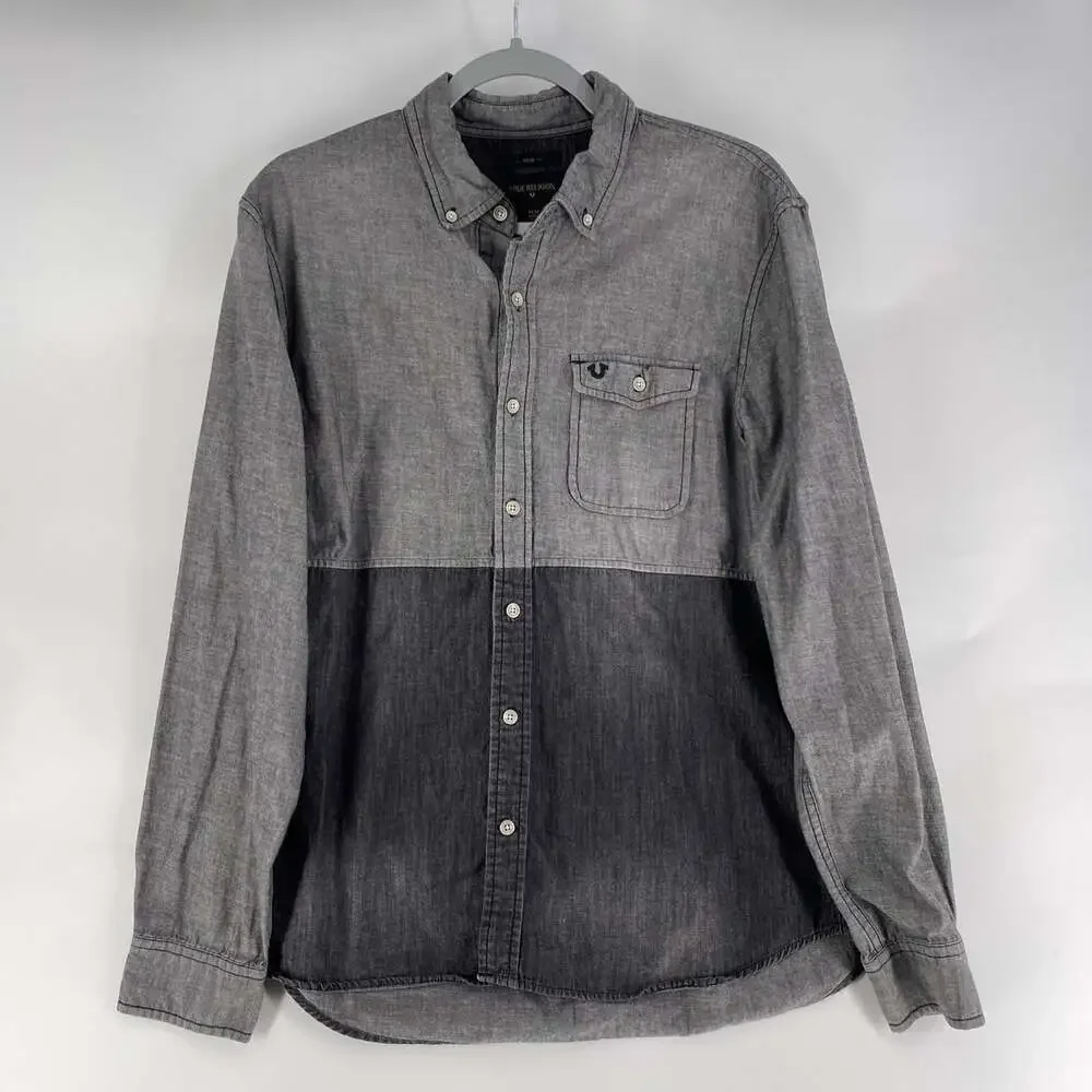 True Religion Men’s Size Medium Gray / Black Button Up Collared Slim LS Shirt