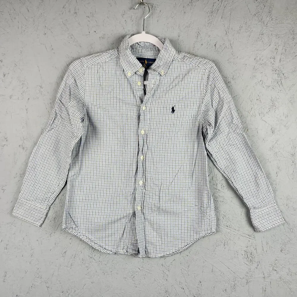 Ralph Lauren Shirt Youth Medium 10-12 Blue White Plaid Button Down Long Sleeve