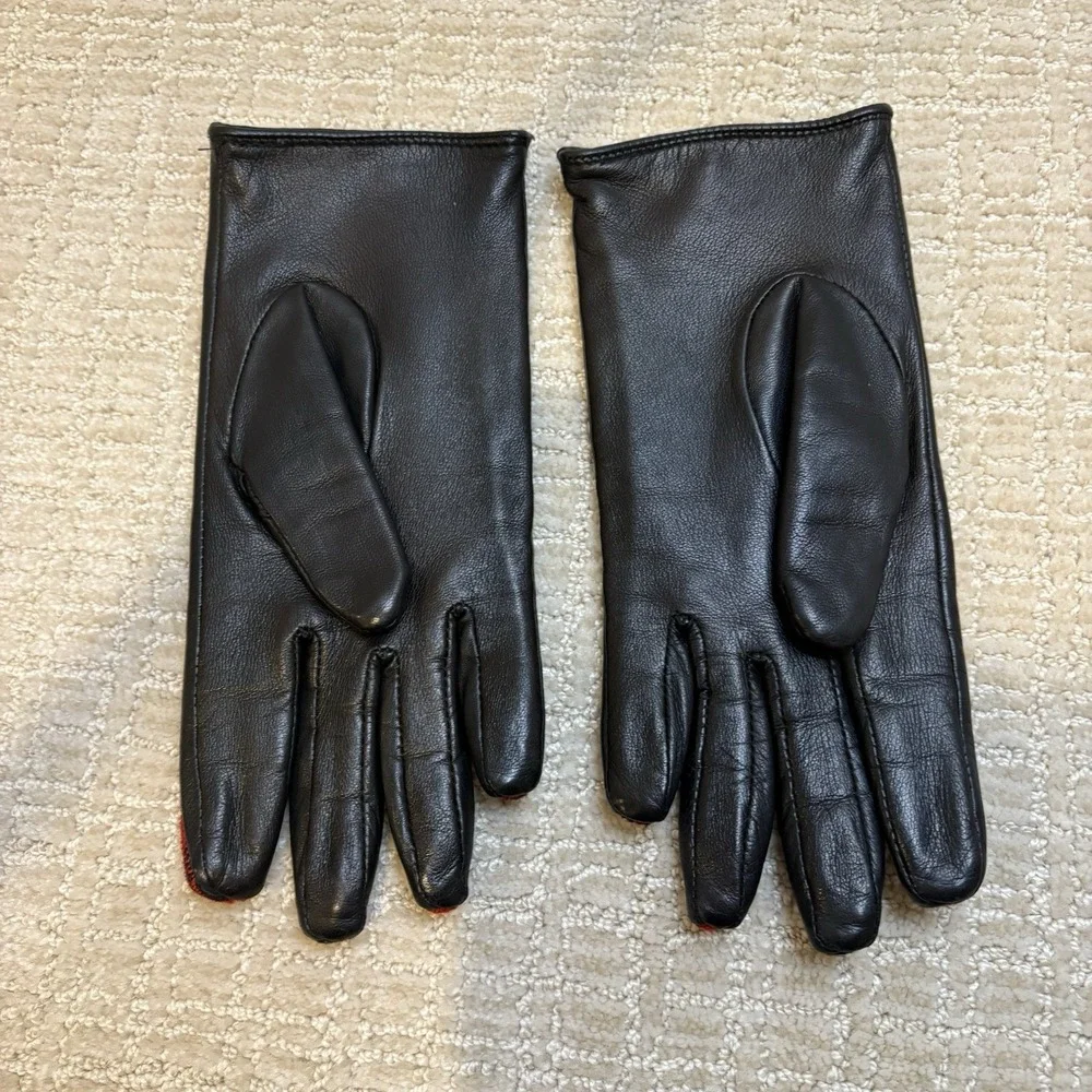 Burberry London Plaid Wool Leather Gloves Womens 7.5 Red Black Good Mixed Media‎