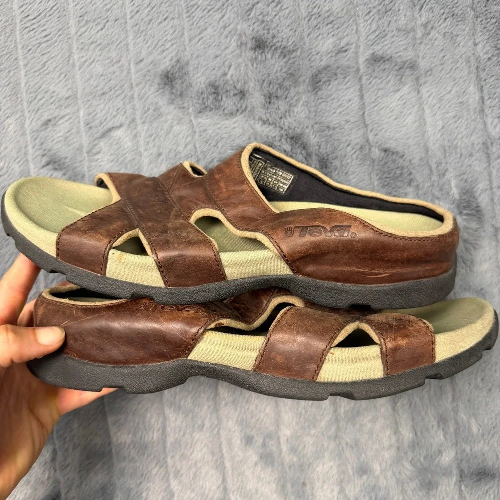 Teva Mens 6597 Brown Waterproof Leather Slide Sandals Size 12 Rugged Outdoor