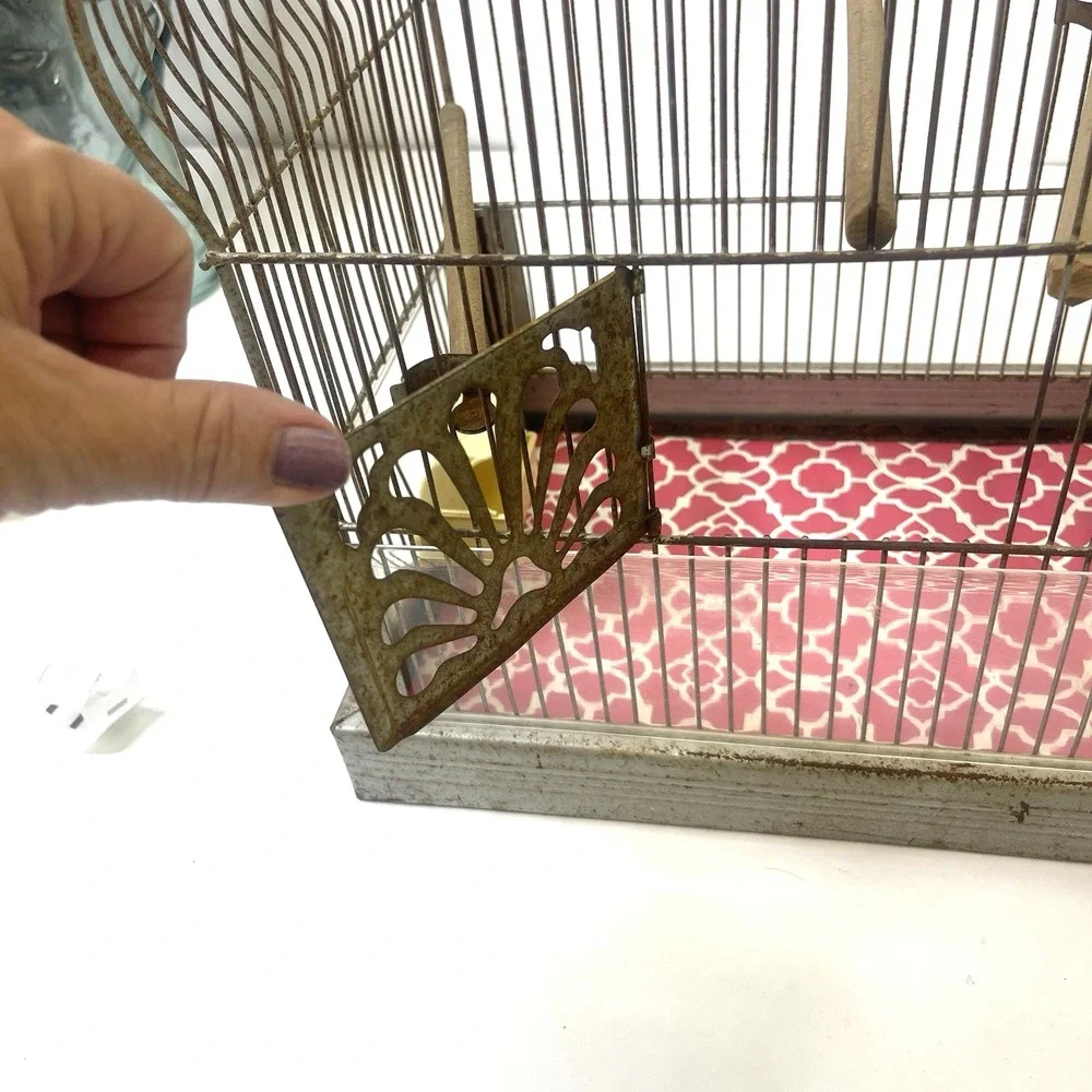 Vintage CROWN‎ Wire Bird Cage w Original Feeder Trays & Slide Tray Hang Hook