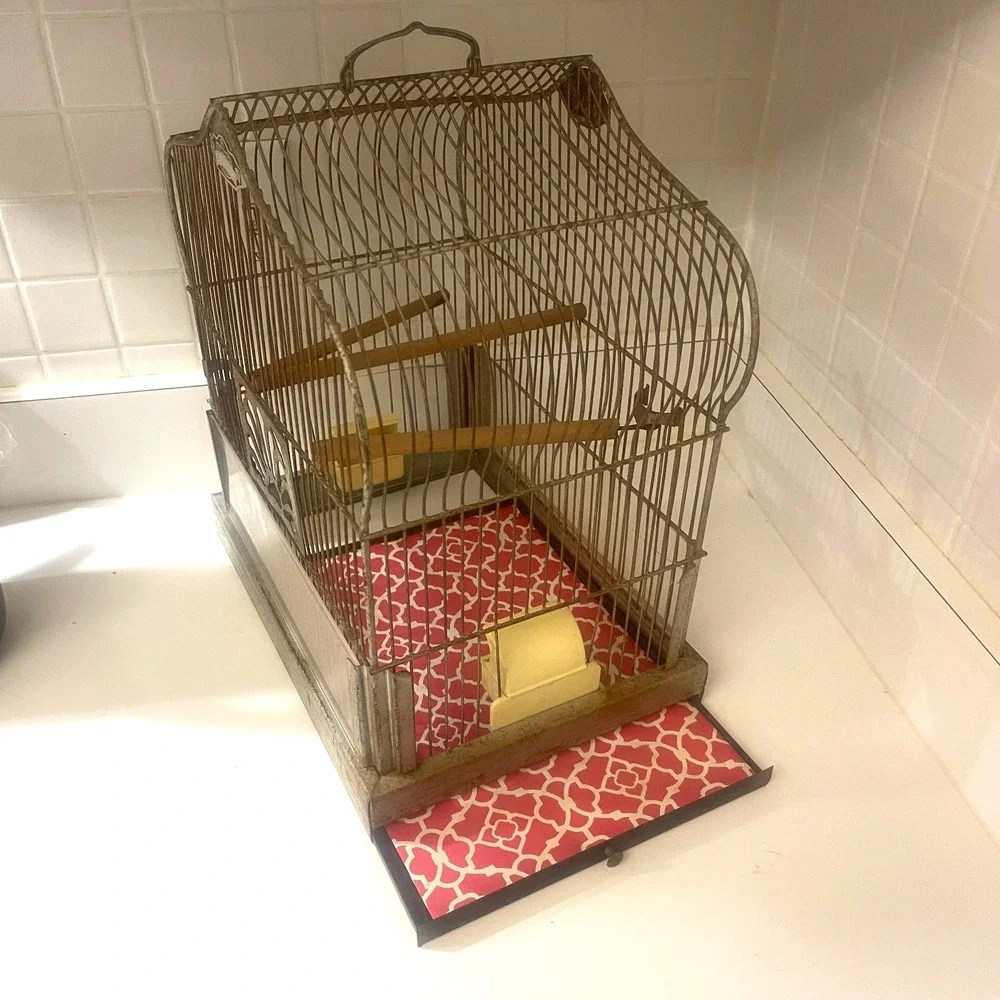 Vintage CROWN‎ Wire Bird Cage w Original Feeder Trays & Slide Tray Hang Hook