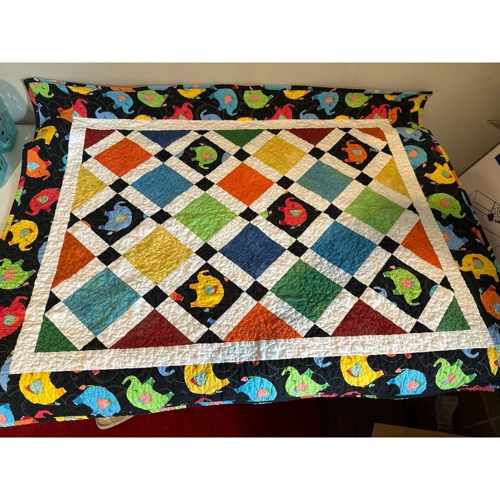 Beautiful! Handmade Multiple Colors Elephant Patchwork Baby Quilt 33 1/2x40‎ 1/2