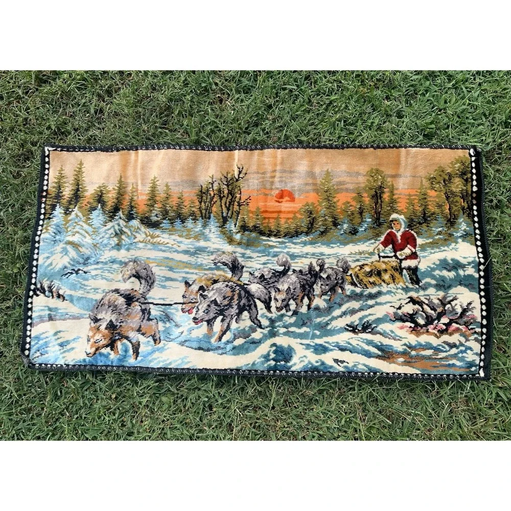 Vintage 60s Velvet‎ Wall Tapestry Alaskan Iditarod Dog Sledding Snowy Sunrise
