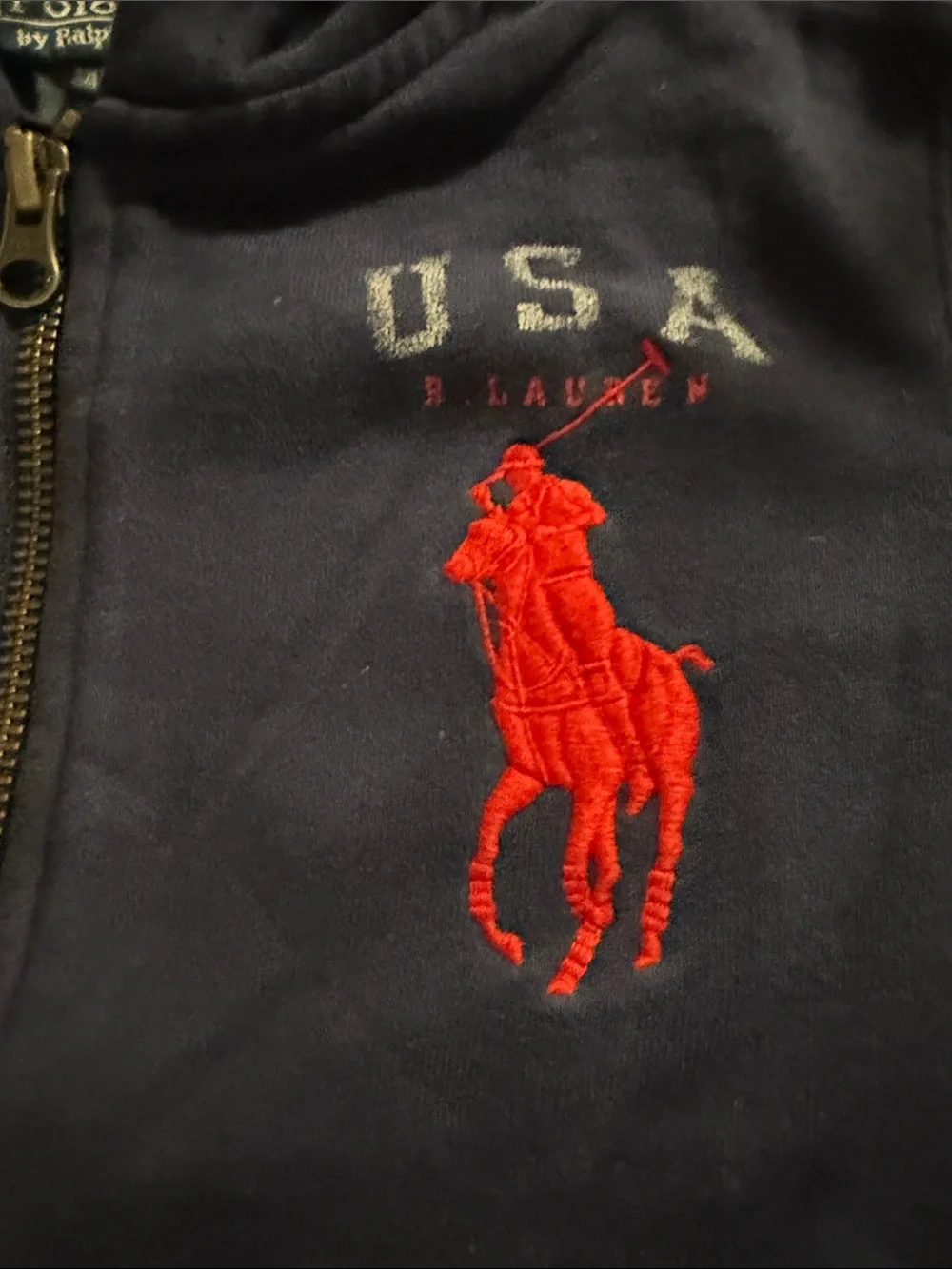 Ralph Lauren Navy Zip-Up Hoodie with Red Pony & USA Patch - Kids