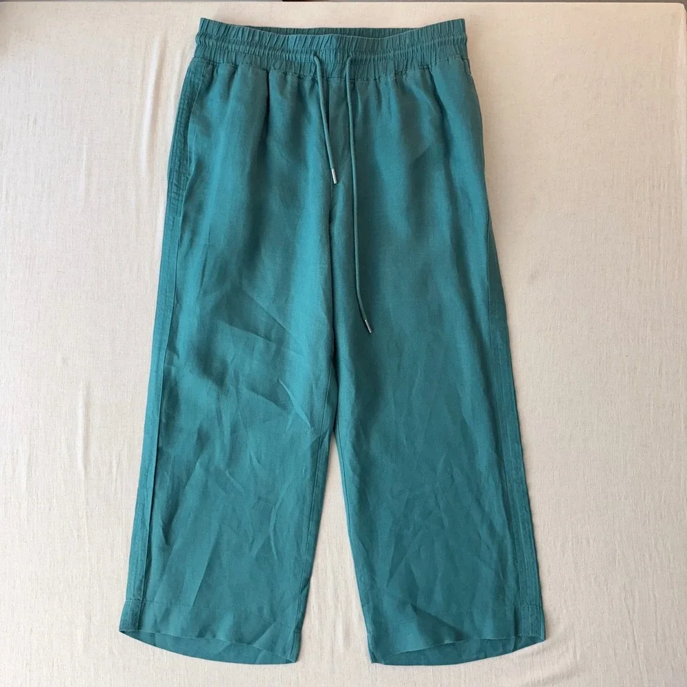 Quince 100% European Linen Wide Leg Blue Drawstring Pants Women XL