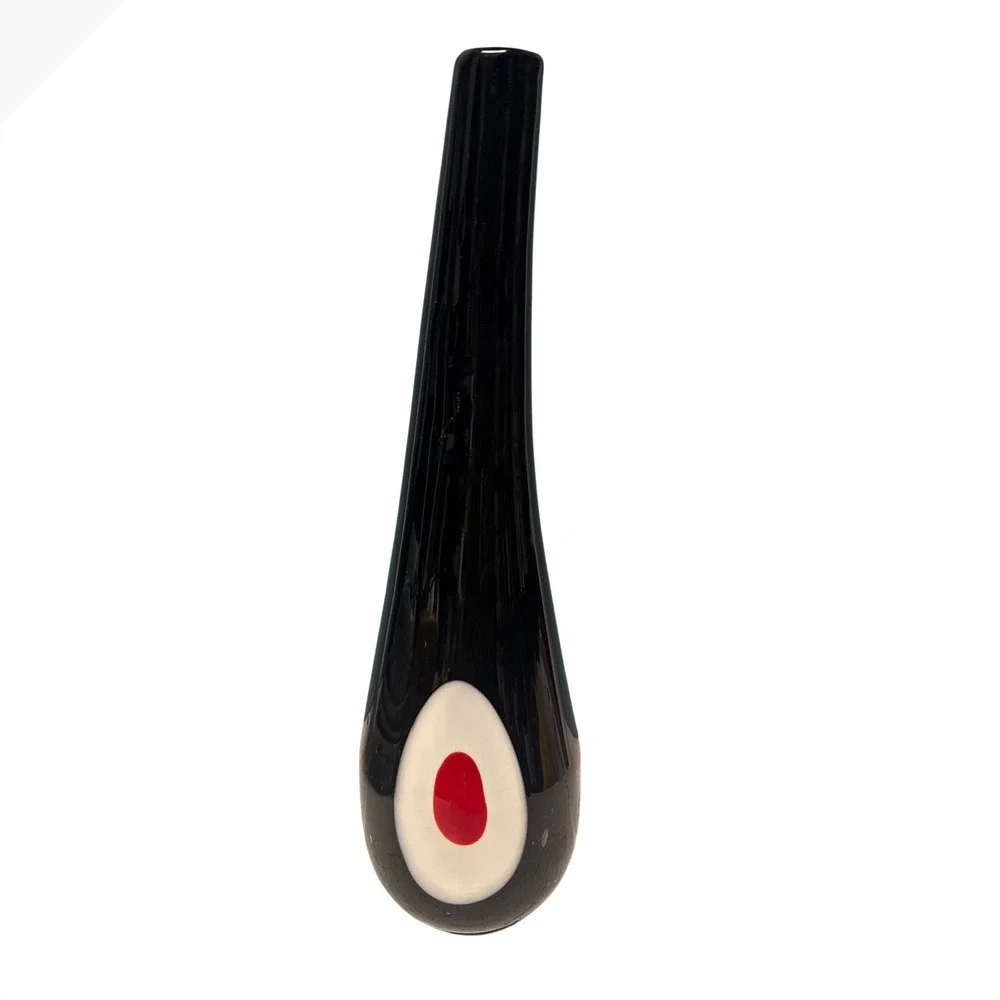 Vintage‎ Mid Century Modern Black Art Glass Bud Vase Red White Eye Bullseye 12in
