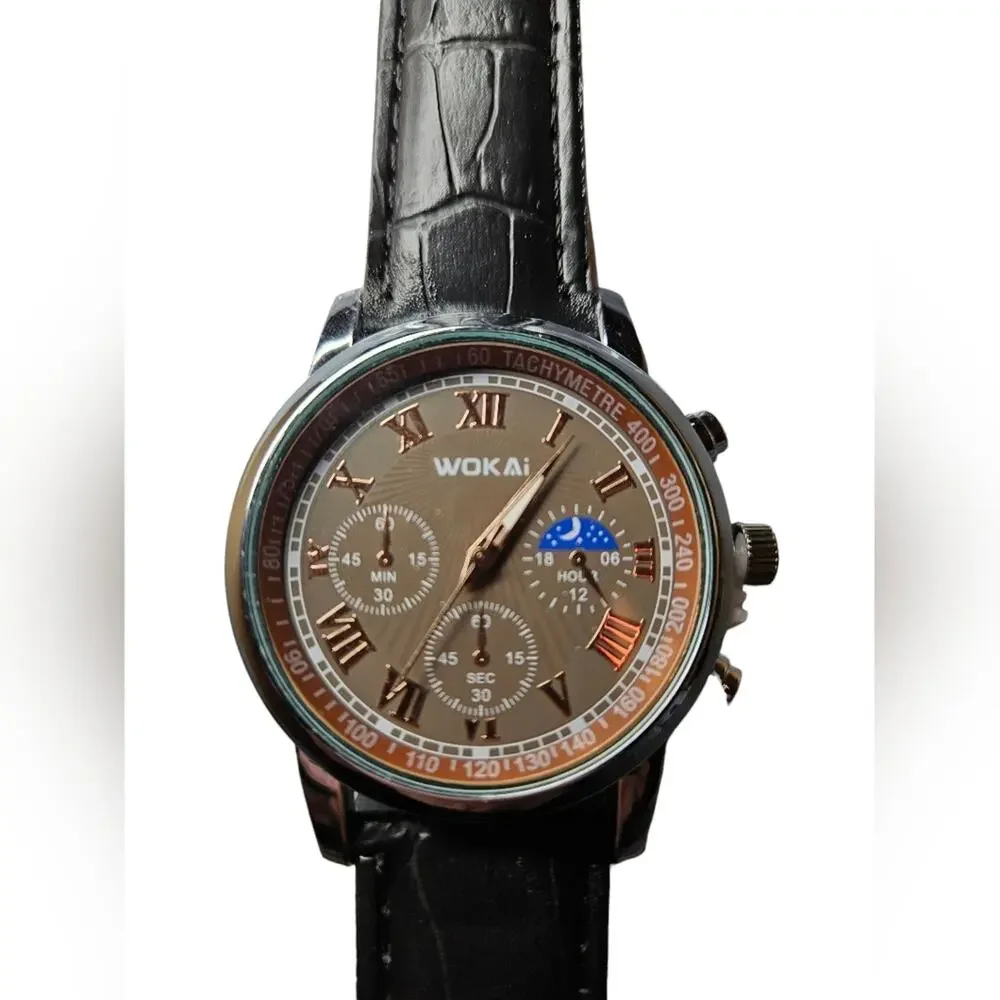 NWOT Wokai Black and Brown Watch, Stainless Steel With Leather Band