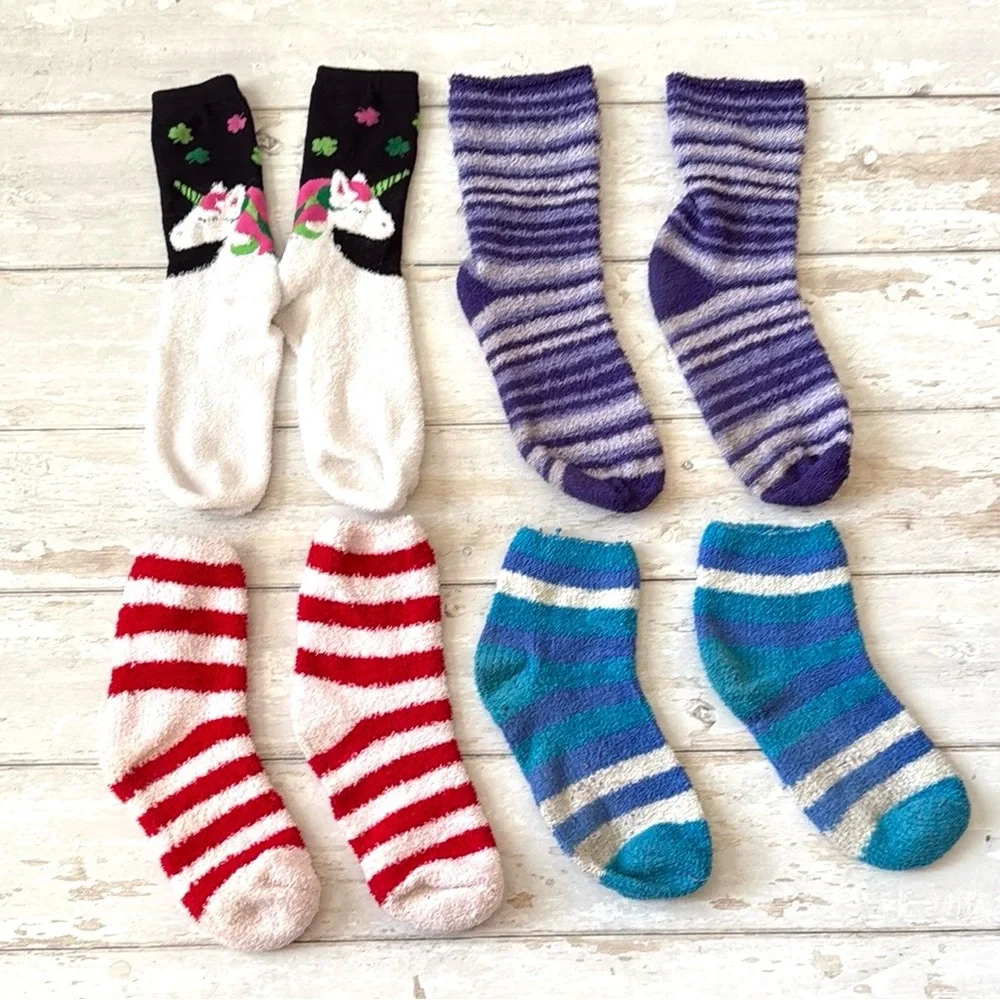Women’s Fuzzy Winter Socks Bundle Lot Set of 4 Candy Cane Stripes Unicorn Print