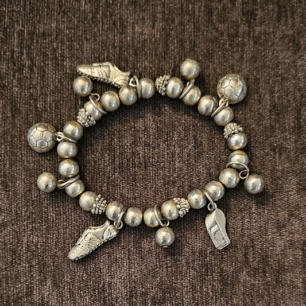 Stretchy Silver Tone Soccer Charm Bracelet