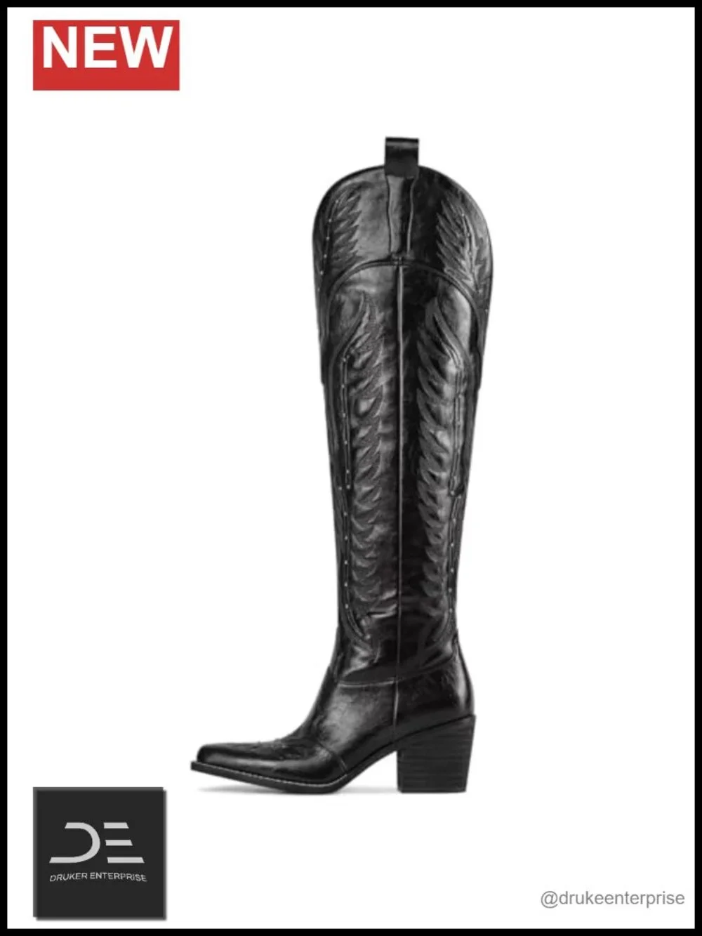 Women's Embroidered Over the Knee Cowboy Boots Wide Calf Chunky Heel Pointed Toe