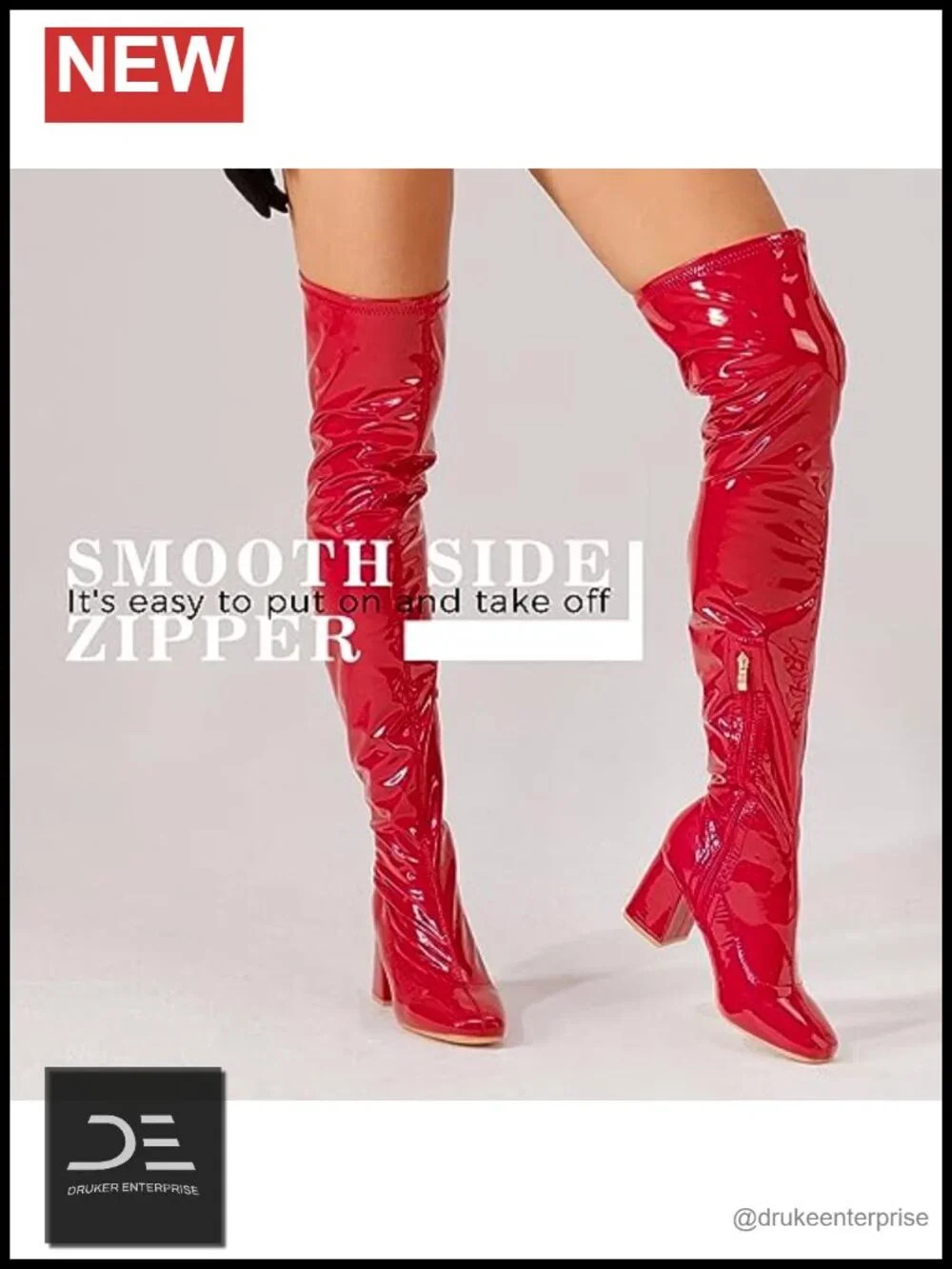 Women's Thigh High Boots Over The Knee Patent PU Chunky Heel Square Toe Side