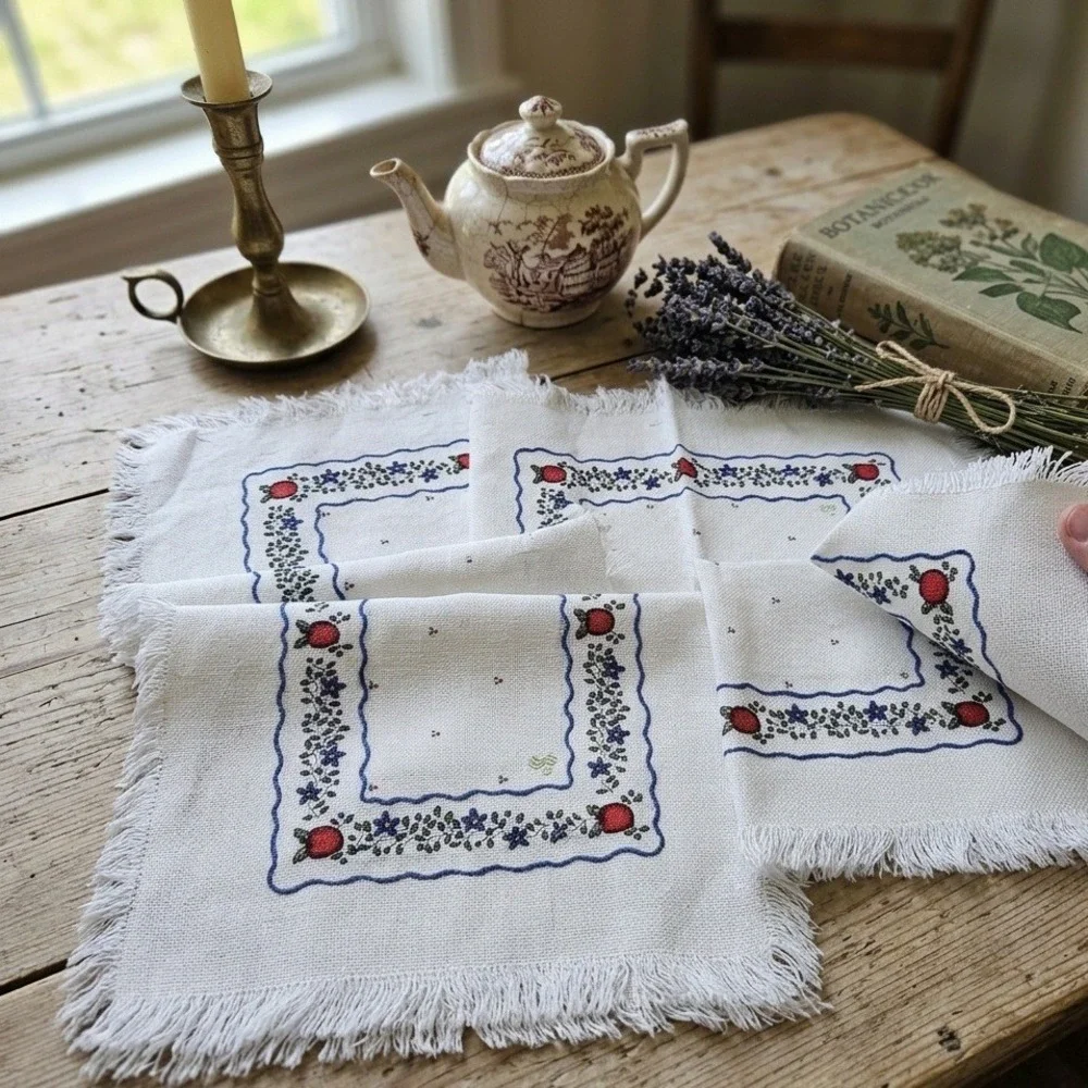 Vintage Square Table Topper‎ White Fringed Apple Blue Floral Cross Stitch 16x16