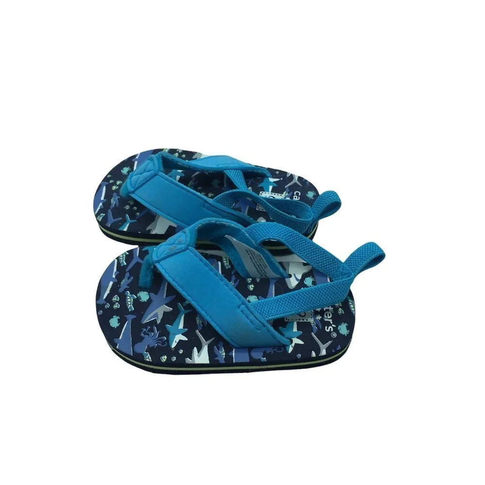 Carter's Baby Flip‎ Flops 6-9 Month Elastic Ankle Strap Sharks Blue Style #60485