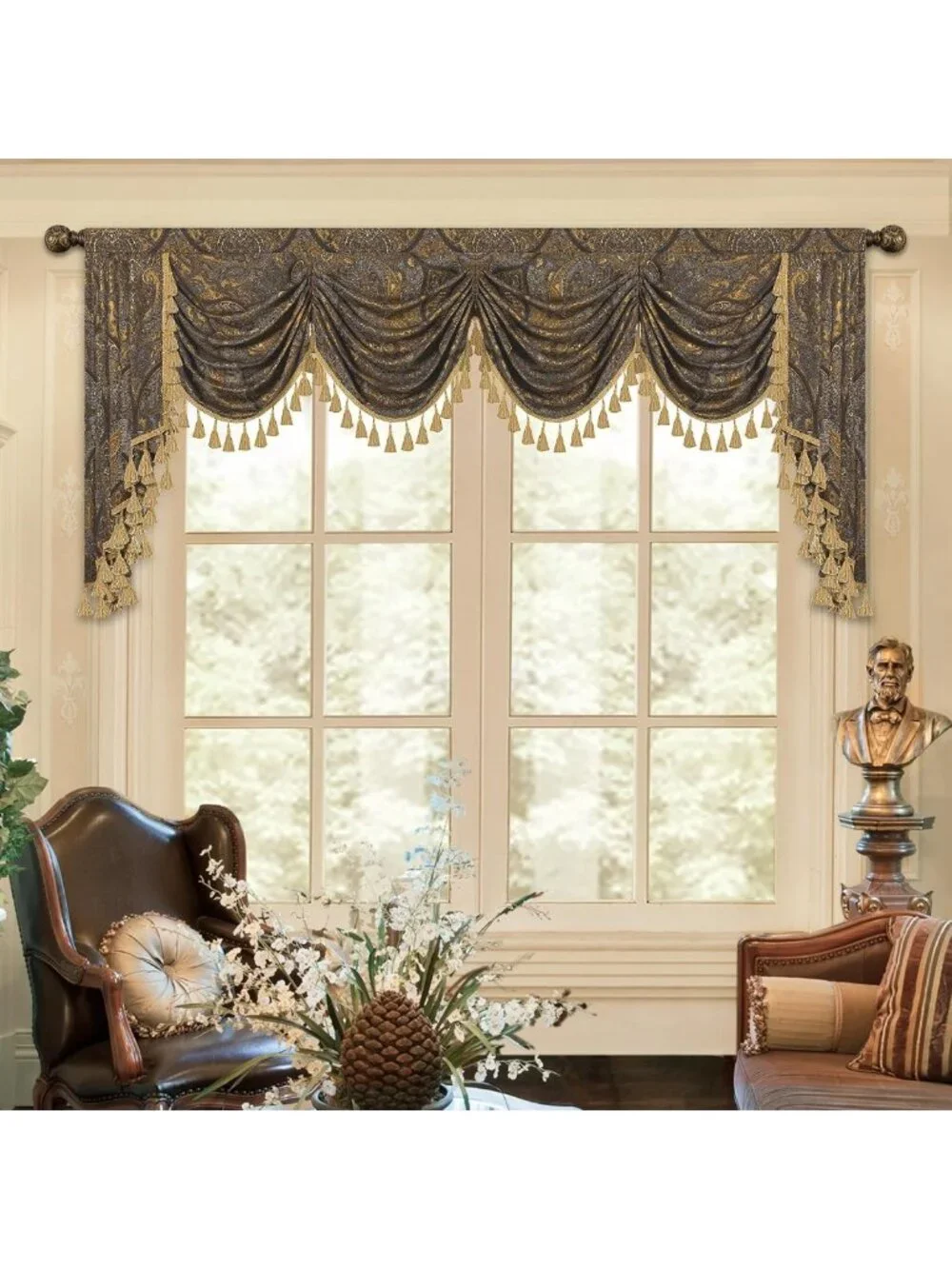 Antique Damask Waterfall Valance for Living Room, 110