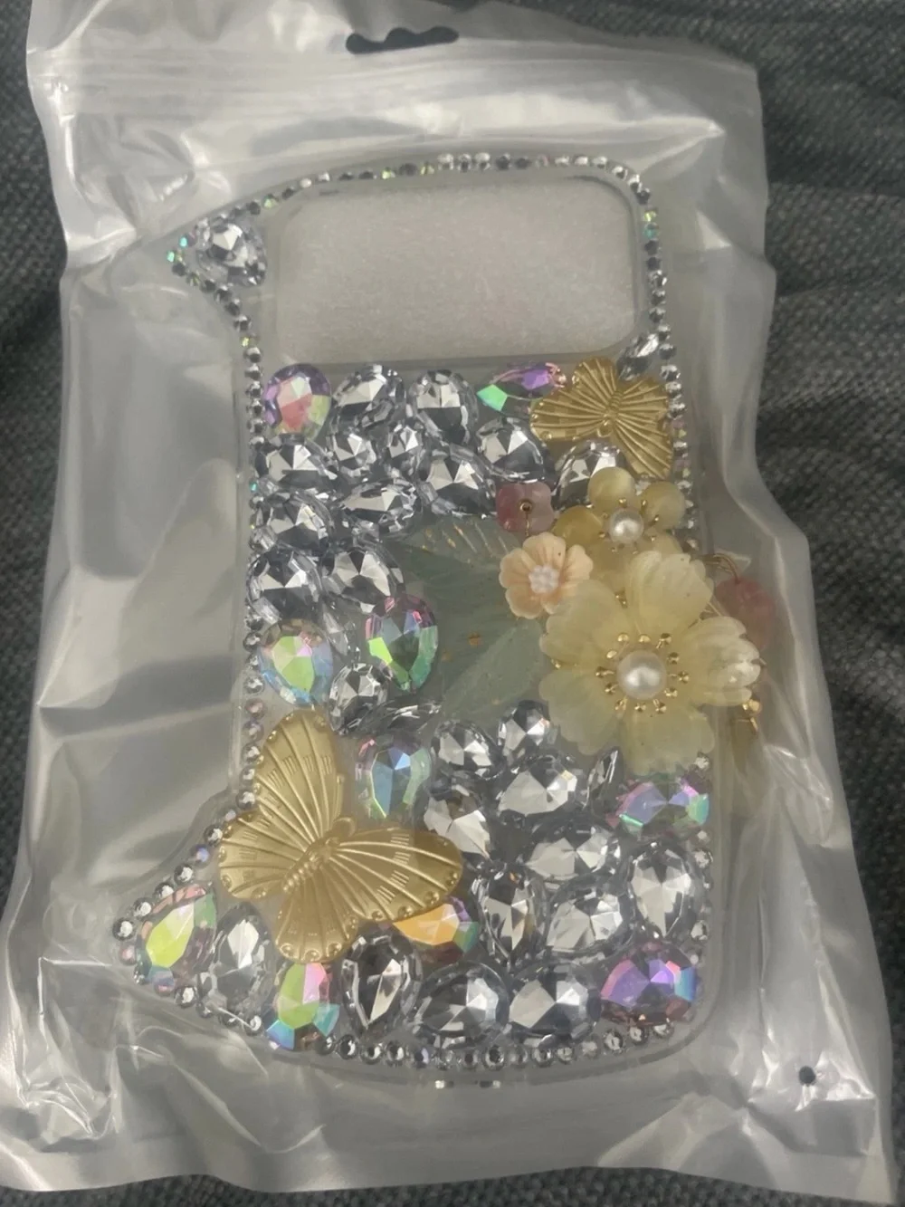 Rhinestone Floral & Butterfly Phone Case – Gold Accents, Clear Crystal