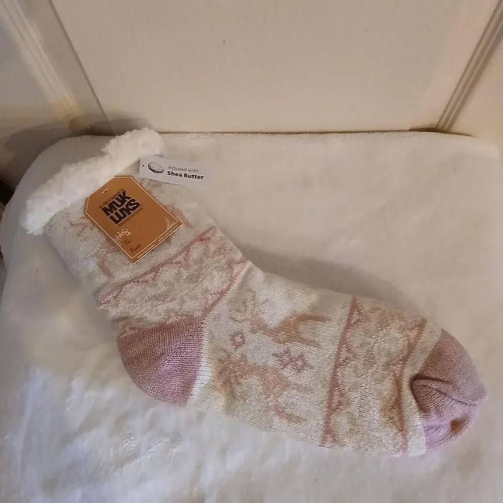 Muk Luks Reindeer Fair Isle Snowflake shea butter infused sherpa slipper socks