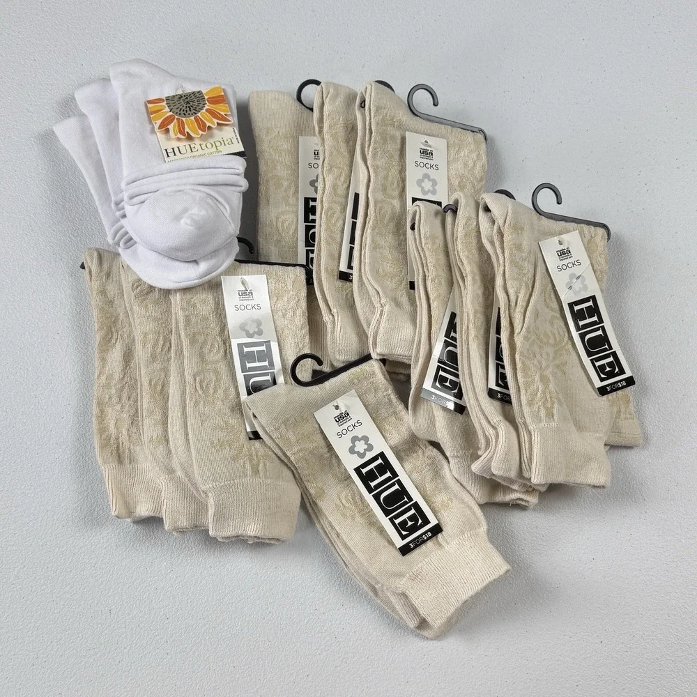 Hue 10 Pair Basic Anklet Ivory Brocade Socks, 3 White Roll Top Socks Womens OS
