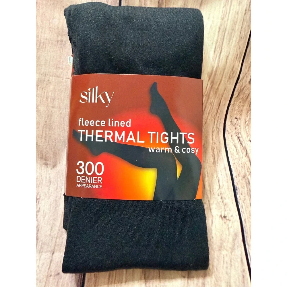Silky Fleece Lined Thermal Tights 300 Denier Black Large Warm Cosy Winter Wear