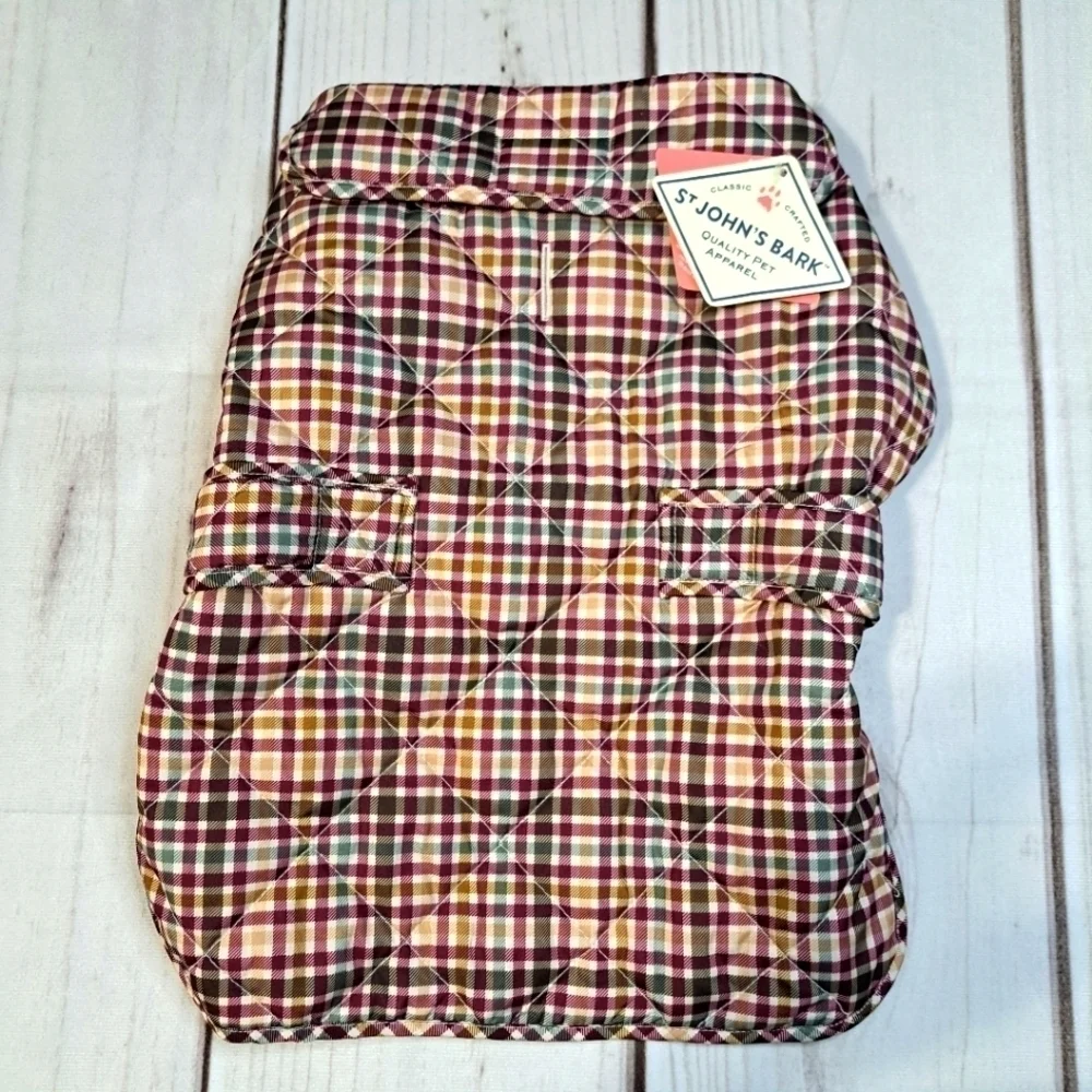 St John's Bark NWT Neutral Plaid Puffer Dog Coat Size Medium