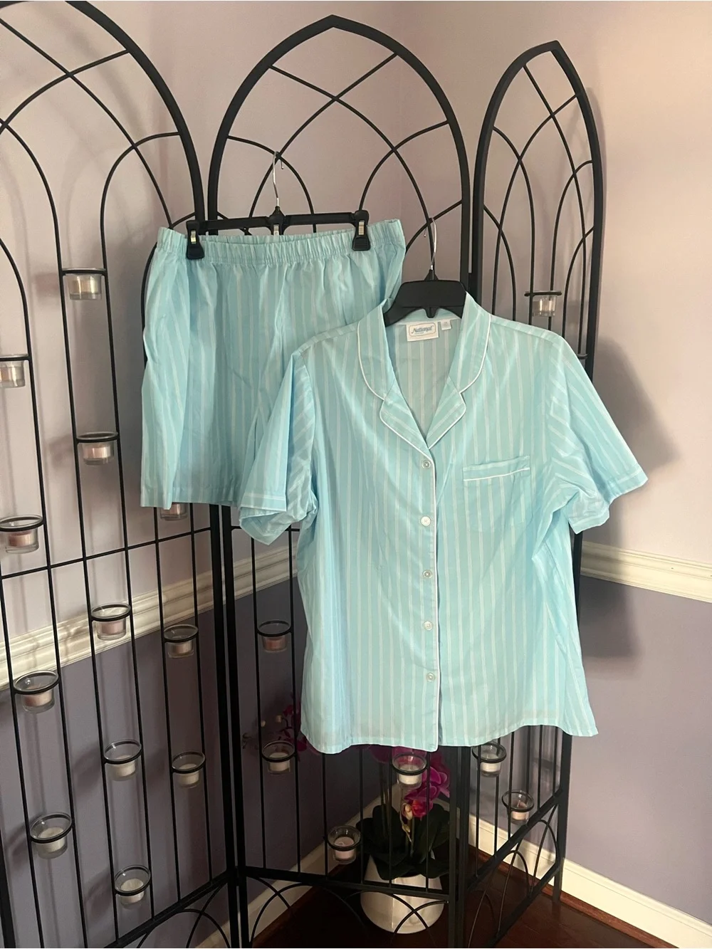 Women’s Short-Sleeve Striped Pajama Set - Light Blue