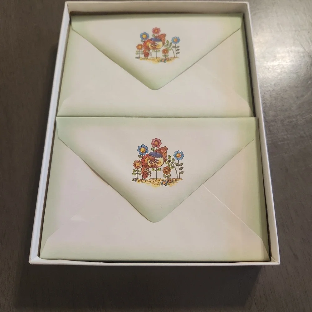 Vtg Stationery Set Cute Owl &‎ Ladybug Theme Whiting 10 Sheets/Envelopes & Box
