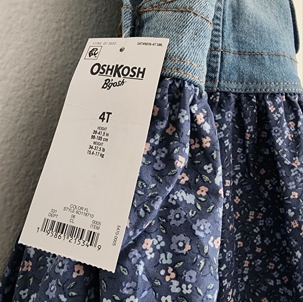 OshKosh B'gosh Blue Floral  Overall Toddler Dress Adjustable Straps Sz 4T (NWT)